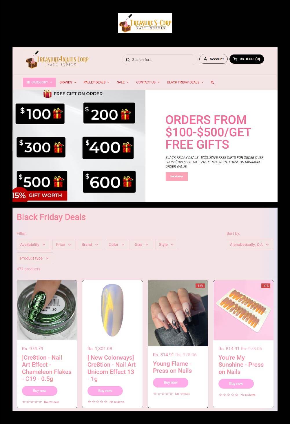 Treasure4nails free gift on orders minmum spend reward black friday sale offers landing page nails supplies gel extensions 